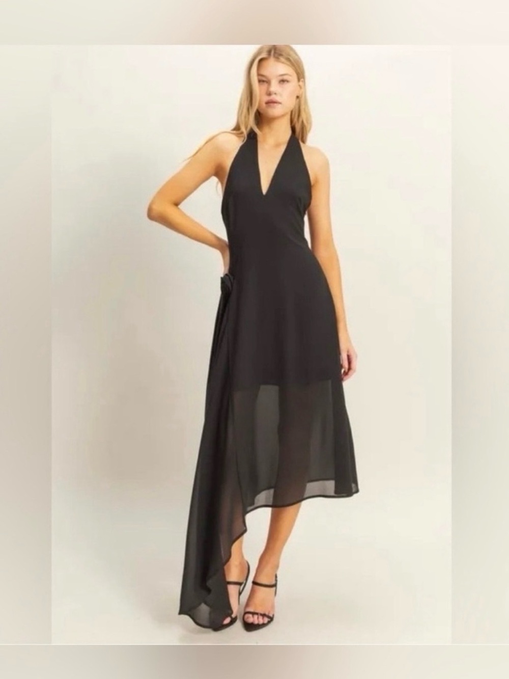 HYFVE Black Halter V-Neck Asymmetric Maxi Dress